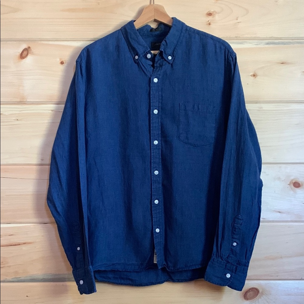 J. Crew Baird McNutt 100% Irish Linen Men's Ink Blue Button-Down Shirt sz L slim